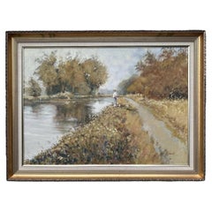 Large Denis Carroll Oil Painting on Canvas of a River Landscape with Angler