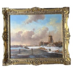 Dutch School Oil Painting on Board of a Winter Landscape with Windmill & Skaters