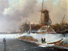 Pintura al óleo de la Escuela Holandesa sobre tabla que representa un paisaje invernal con un molino de viento y patinadores