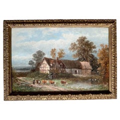 Victorian Oil Painting on Canvas of a Farmyard Landscape with Cattle