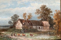 Victorian Oil Painting on Canvas of a Farmyard Landscape with Cattle