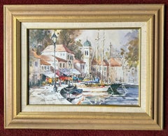 European Maritime Harbour Scene with Sailing Boats, Watercolour Painting