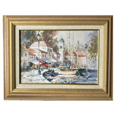 European Maritime Harbour Scene with Sailing Boats, Watercolour Painting