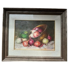 Mid Century Signed Still Life Oil Painting with Copper Pot and Onions