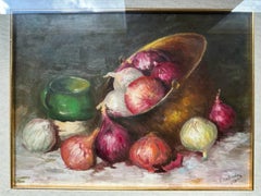 Mid Century Signed Still Life Oil Painting with Copper Pot and Onions