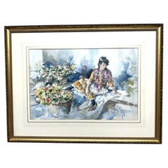 Mid Century Gordon King Signed Original Watercolour Painting "The Flower Girl"