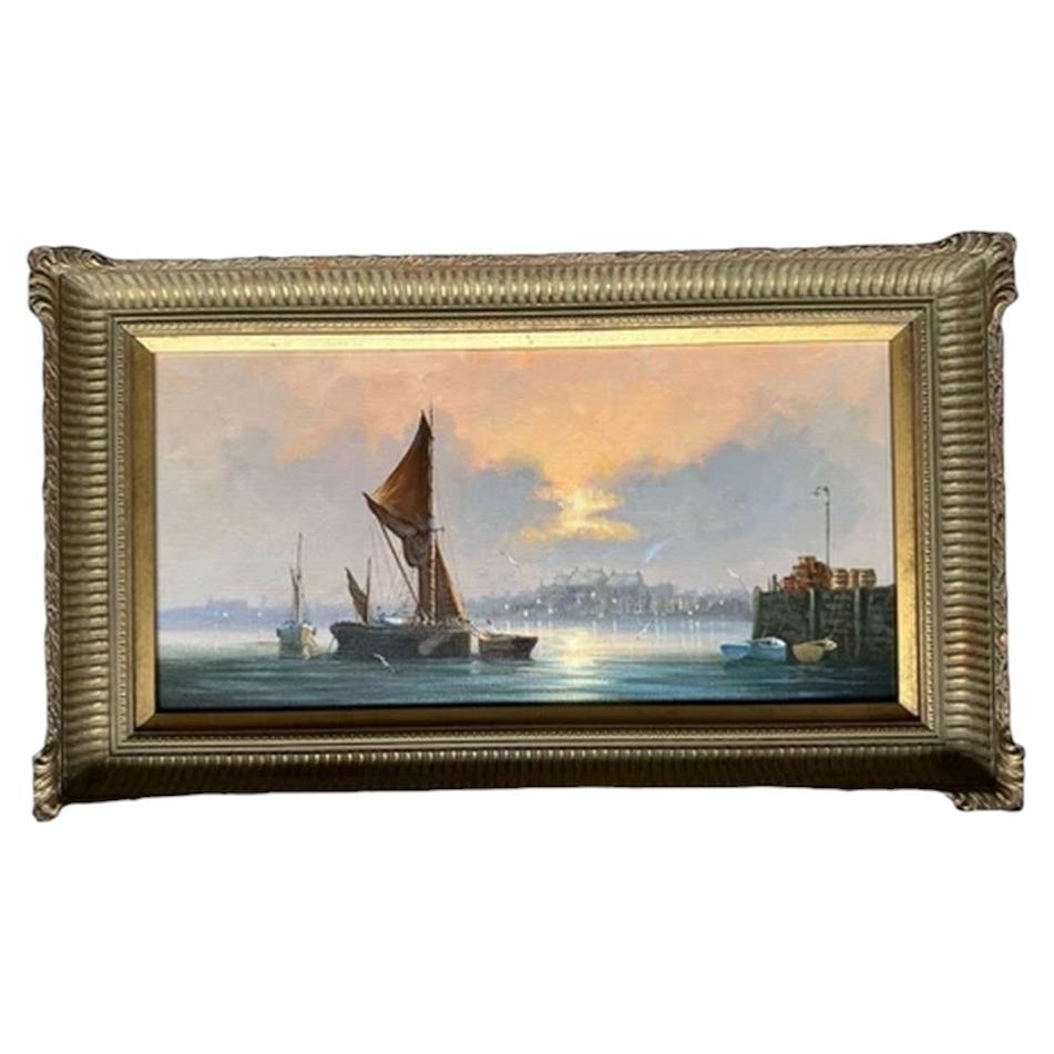 Marine Nautical Oil Painting "Evening Harbour" by David Short For Sale