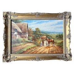 Peinture à l'huile signée de Chris D. Howells représentant un paysage de ferme avec des chevaux, style « Mid-Century »