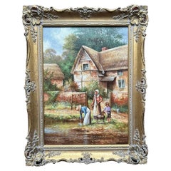 Dipinto a olio "Village Landscape" di Chris D. Howells, metà del secolo, firmato