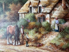 Mid Century Chris D. Howells Cottage Horse Landscape Oil Painting Signed