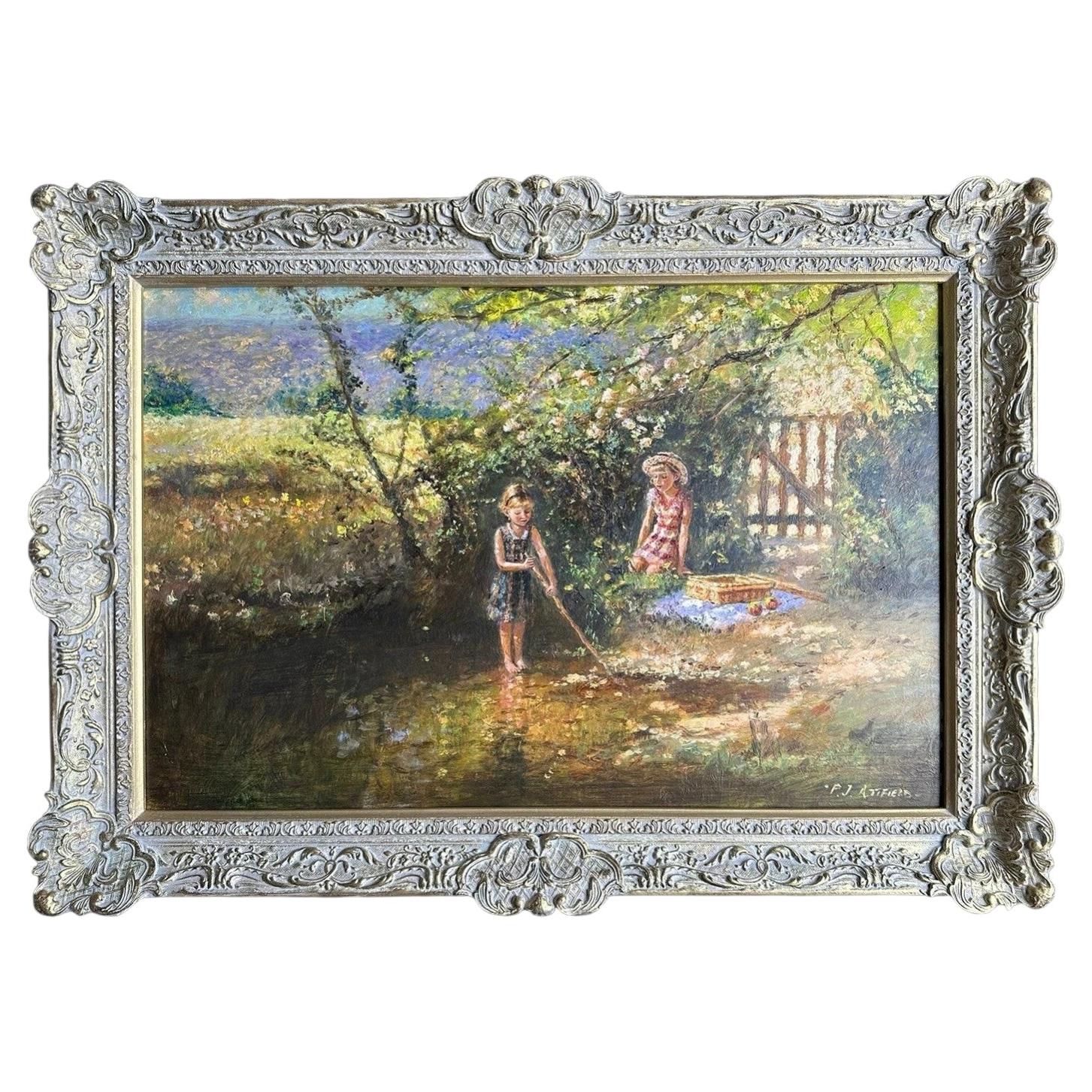Paul Attfield, dipinto a olio in stile impressionista raffigurante due bambini che pescano in un paesaggio, firmato in vendita
