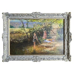 Paul Attfield, dipinto a olio in stile impressionista raffigurante due bambini che pescano in un paesaggio, firmato