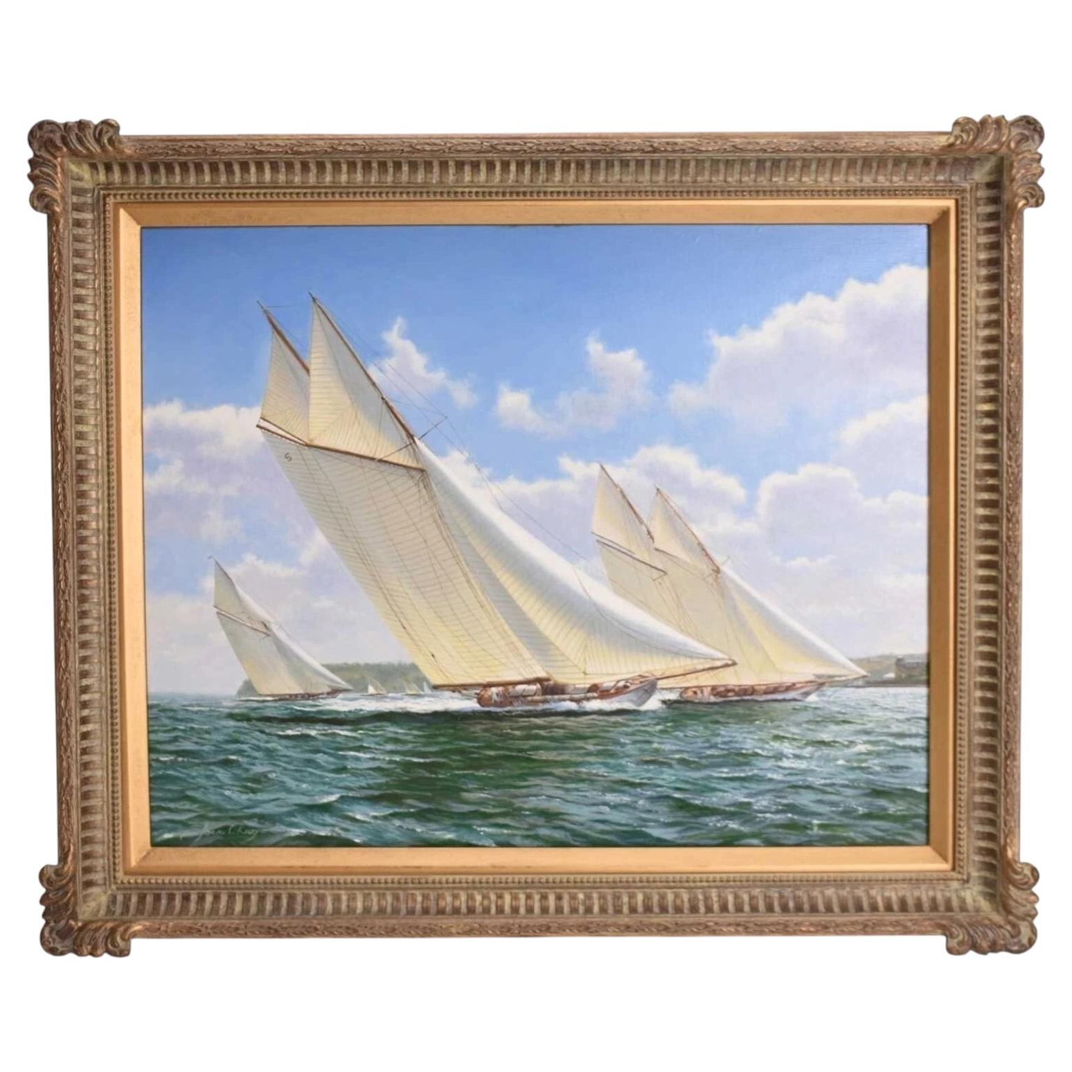 Adrian Rigby Oil Painting Canvas Westward & Cicely Racing off Cowes 1910 Signed