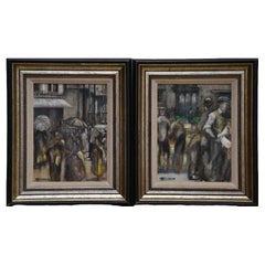 John J. Gorman Pair of Original Oil Paintings on Canvas Board Market Scenes