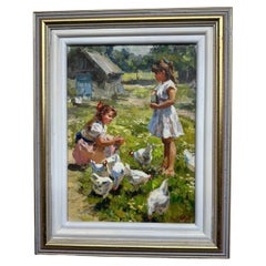 Lavrov Konstantin Oil Painting on Canvas of Children Feeding Chickens Signed