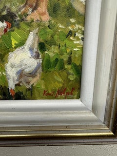 Lavrov Konstantin Oil Painting on Canvas of Children Feeding Chickens Signed