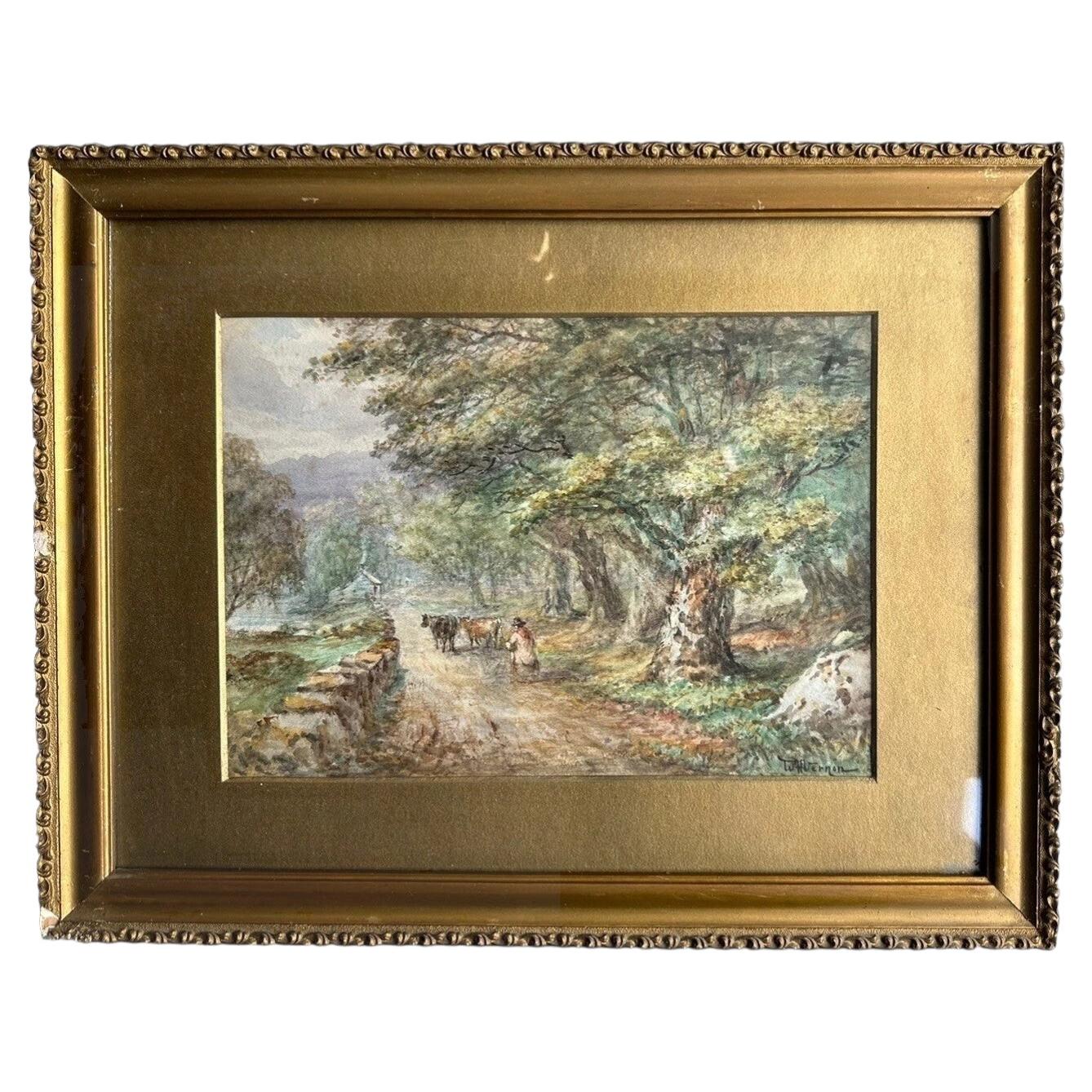 William Henry Vernon: Viktorianisches Aquarell mit einer Landschaftsszene von Viehtreibern im Angebot