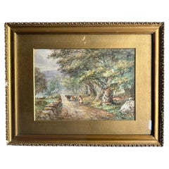 William Henry Vernon Victorian Watercolour Painting of Cattle Drover Landscape