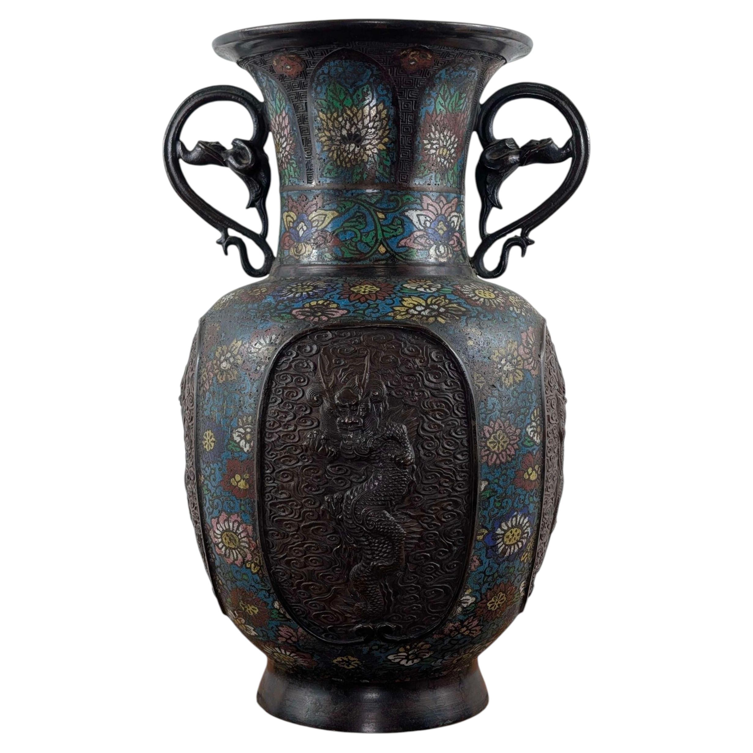 Antique Japanese Meiji Bronze Vase with Dragon Handles and Champlevé Enamel