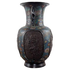 Antique Japanese Meiji Bronze Vase with Dragon Handles and Champlevé Enamel