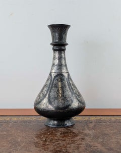 Indian Bidri Metalware Vase with Silver Floral and Geometric Inlay, 19th Century