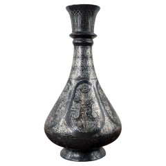 Indian Bidri Metalware Vase with Silver Floral and Geometric Inlay, 19th Century