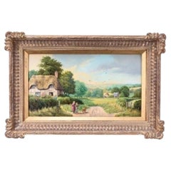 Peter Kotka Original Signed Oil on Panel, Cottage and Figures in Landscape