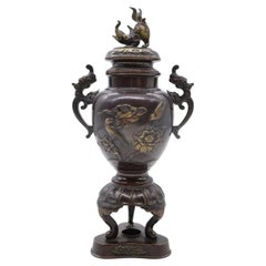 Japanese Bronze Koro with Dragon Handles and Gilt Decoration, Meiji Period