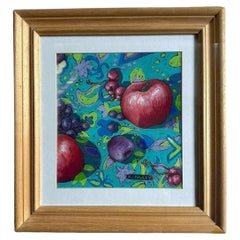 Karen J. Pawley, nature morte au pastel signée de l'artiste représentant des pommes et des raisins, 1994
