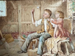 William B. Bunney Victorian Watercolour Painting of Children and Butterflies