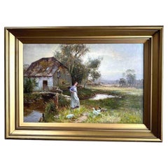 Ernest C. Walbourn Original Oil Painting on Canvas, Riverside Mill with Ducks