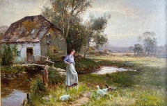 Ernest C. Walbourn Original Oil Painting on Canvas, Riverside Mill with Ducks