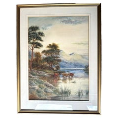 Harold Lawes Original Watercolour Painting of Cattle by a River