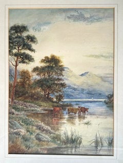Harold Lawes Original Watercolour Painting of Cattle by a River