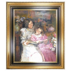 Large Mid Century Impressionist Style Oil Painting of Mother & Daughter Reading