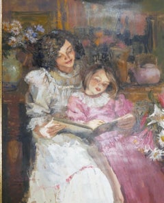 Large Mid Century Impressionist Style Oil Painting of Mother & Daughter Reading