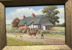 Richard R. Simm Cottage Landscape Oil on Board Painting Early 20th Century