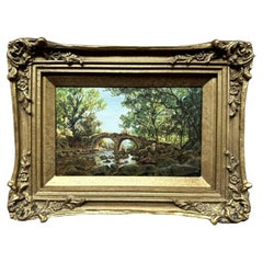 Leonard Mellor Bridge Forest Landscape Oil on Board Painting Early 20th Century