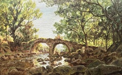 Leonard Mellor Bridge Forest Landscape Oil on Board Painting Early 20th Century