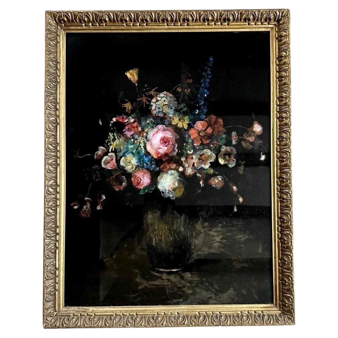 19th Century Victorian Reverse-Painted Glass Still Life Painting Flowers For Sale