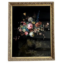 19th Century Victorian Reverse-Painted Glass Still Life Painting Flowers