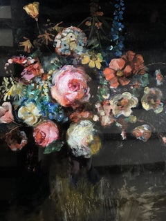 19th Century Victorian Reverse-Painted Glass Still Life Painting Flowers