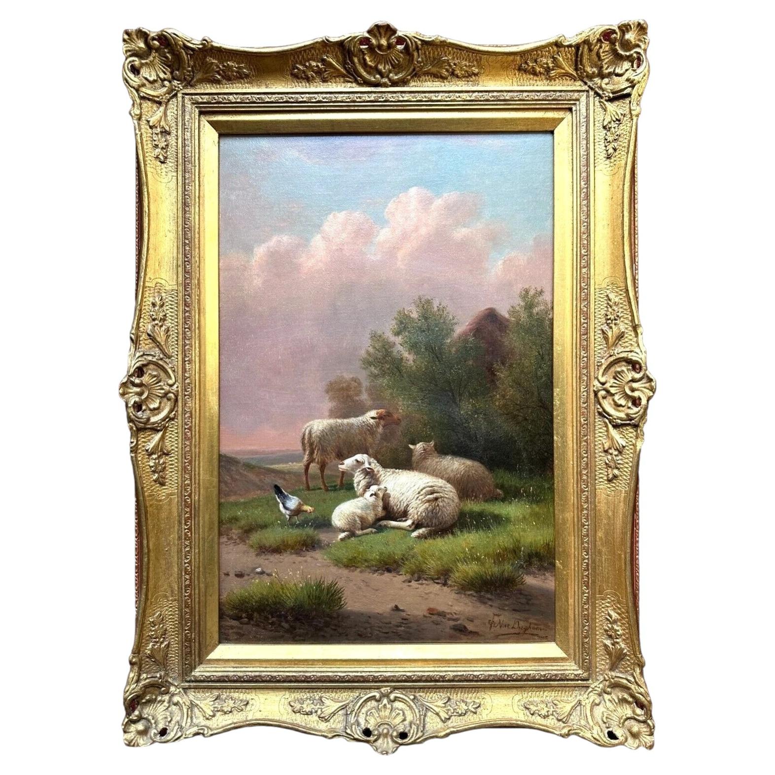 Jacob Van Diegham Belgian Pastoral Oil Painting with Sheep and Lambs For Sale
