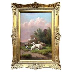 Jacob Van Diegham Belgian Pastoral Oil Painting with Sheep and Lambs