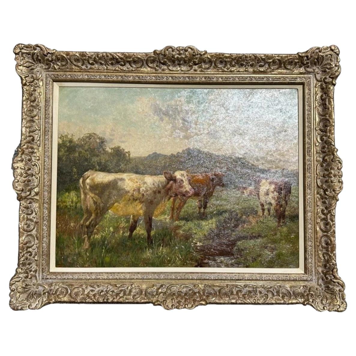 Charles Collins, peinture à l'huile britannique de style pastoral représentant du bétail dans un pré, fin du XIXe siècle en vente