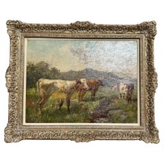 Charles Collins British Pastoral Oil Painting of Cattle in a Meadow Late 19th C