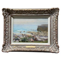 Thomas Clark Coastal Marine Oil Painting with Figures on a Rocky Beach