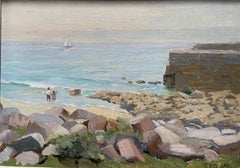 Thomas Clark Coastal Marine Oil Painting with Figures on a Rocky Beach