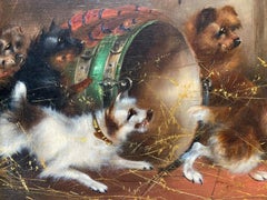 Frank Cassell Victorian Oil Painting of Terriers in a Barn Late 19th Century