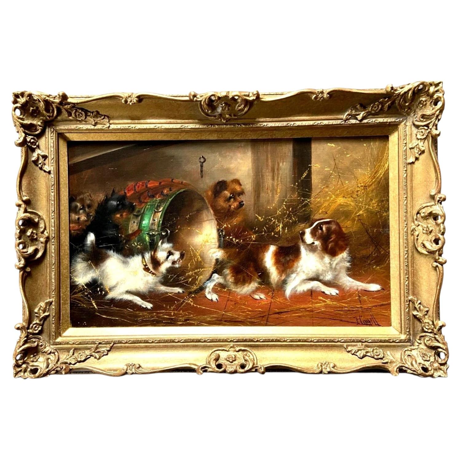 Frank Cassell Victorian Oil Painting of Terriers in a Barn Late 19th Century For Sale